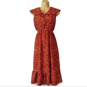 Miss Jouri Floral Red Sleeveless Midi Dress big collar size medium edelweiss